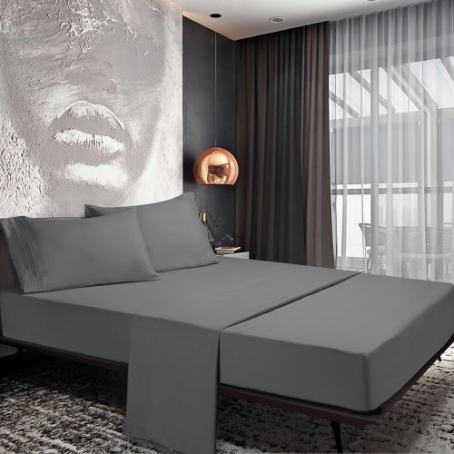 Grey/Dark Grey 4-Piece Bed Set, Deep Fitted Sheet, 100% Soft Microfiber, Hypoallergenic, Cool & Breathable